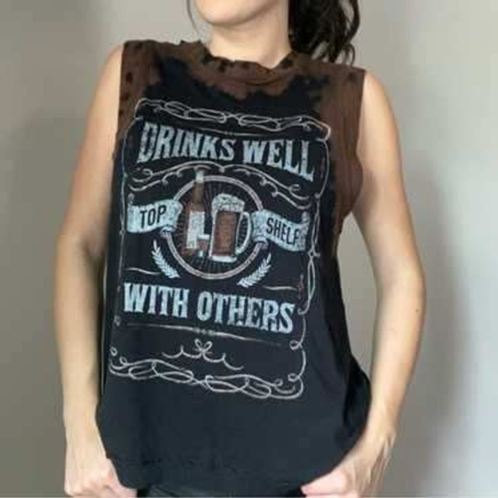 Cleo + Wolf NEW Drinks Well Tank Top Grunge Biker Bleached Concert festival